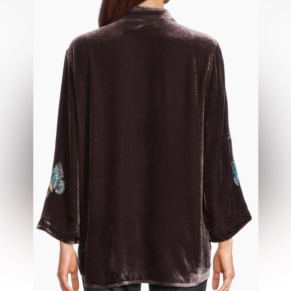Johnny Was Small Floral Embroidered Velvet Kimono Sleeve Blouse Coffee Bean NWT - Picture 2 of 15